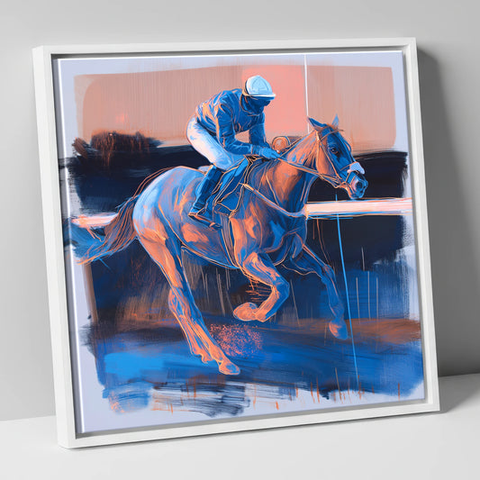 Cobalt Stride racing horse canvas wall art in white frame