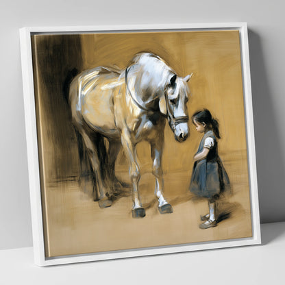 A Quiet Greeting horse & rider canvas wall art in white frame