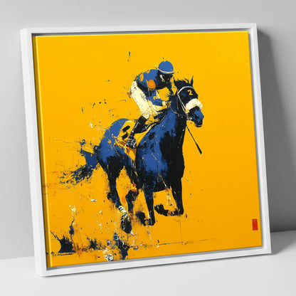 Cobalt Gallop racing horse canvas wall art in white frame