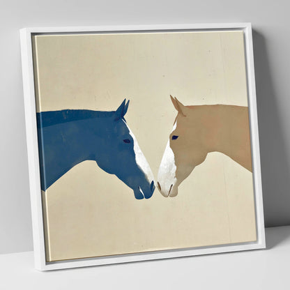 Navy and Tan Horses Greeting horse portrait canvas wall art in white frame