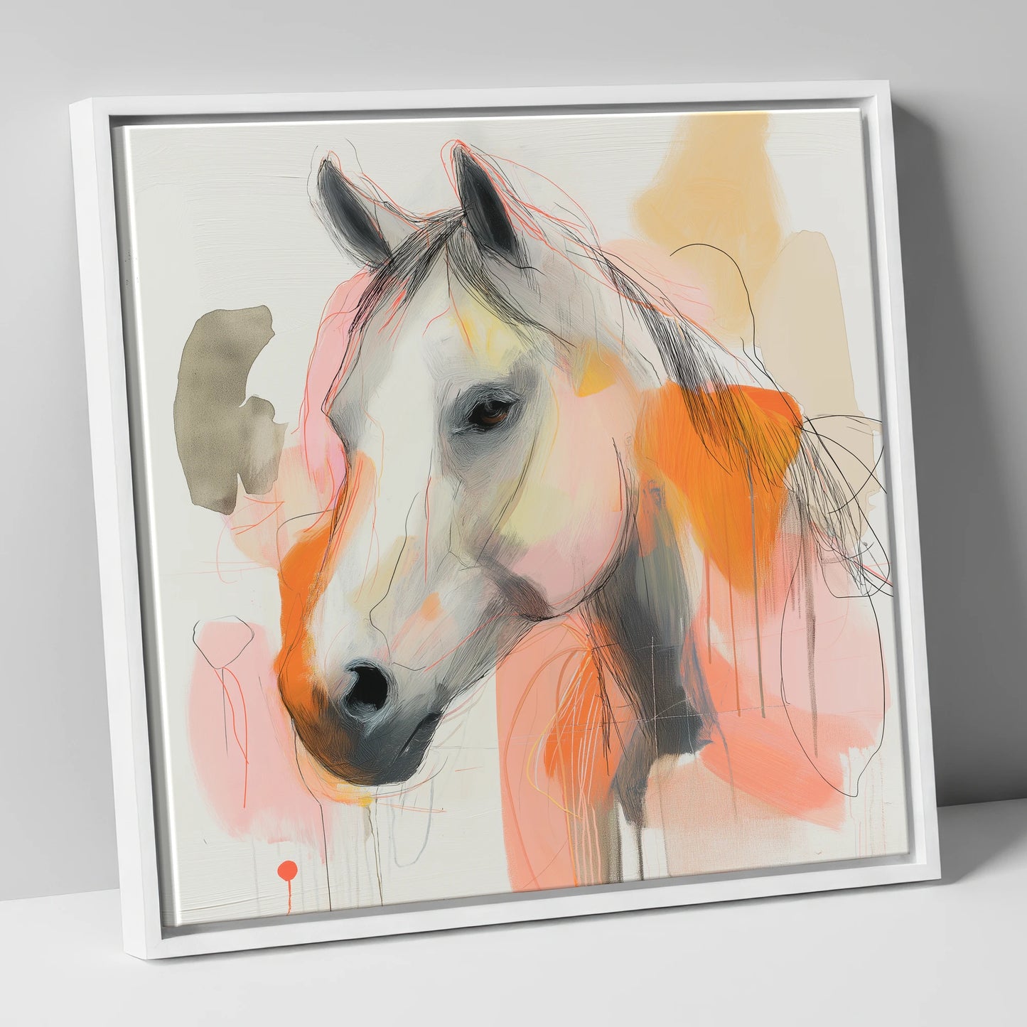 Vibrant Sunset Grey horse portrait canvas wall art in white frame