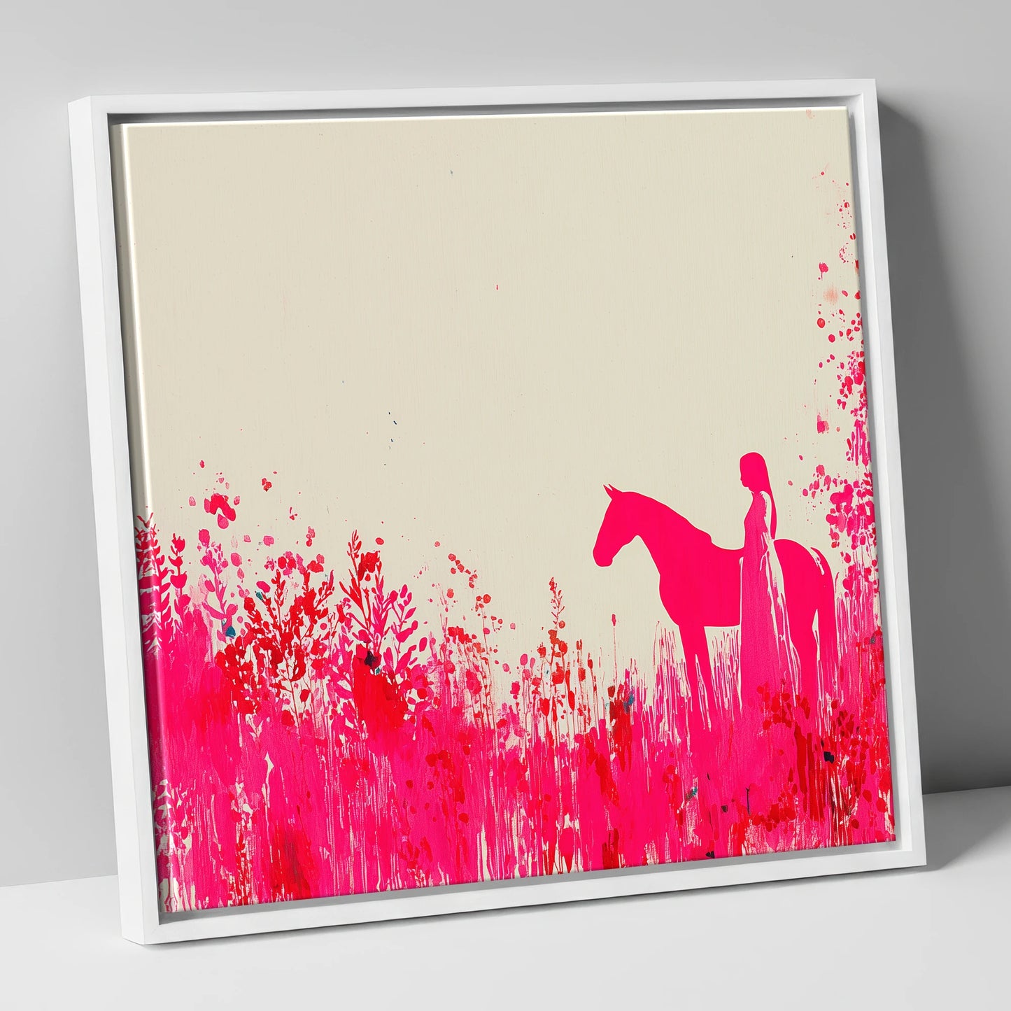 Vibrant Magenta Silhouette horse & rider canvas wall art in white frame