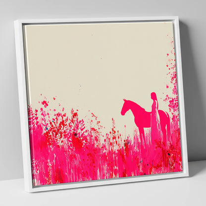 Vibrant Magenta Silhouette horse & rider canvas wall art in white frame