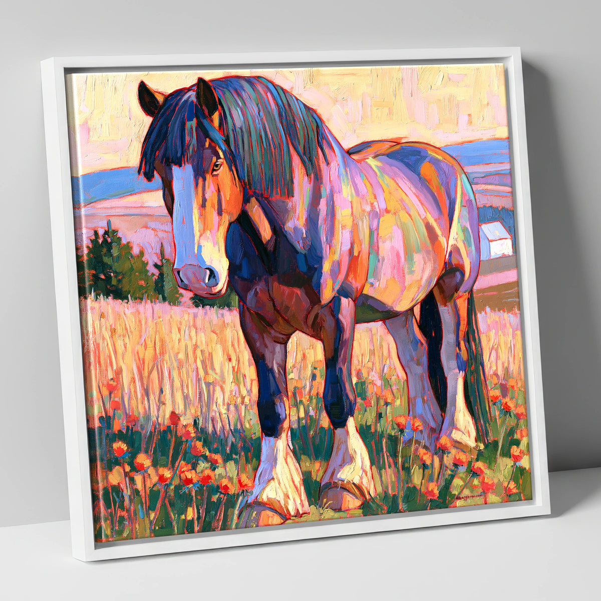 Colourful Heavy Horse in Meadow horse breed canvas wall art in white frame