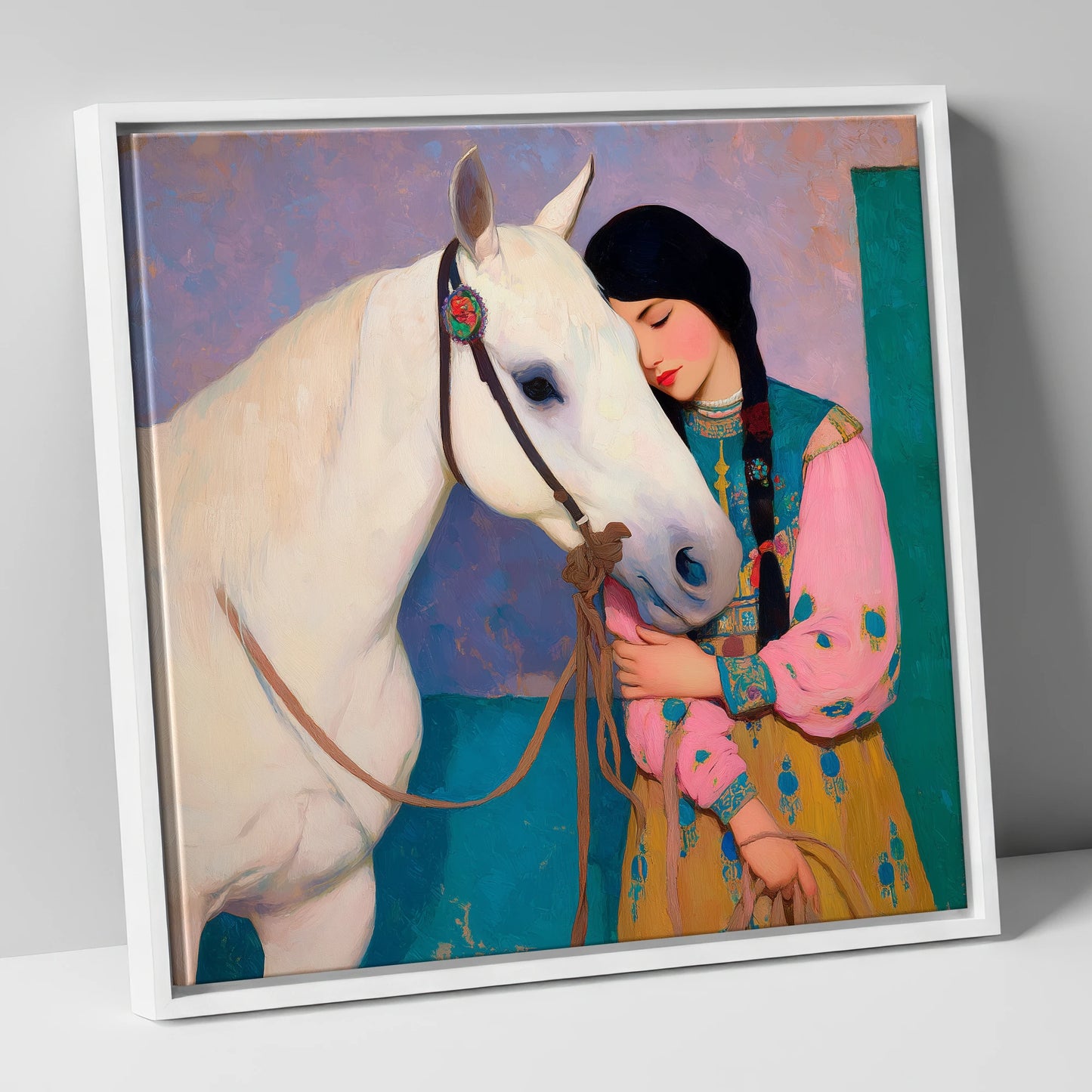 Quiet Devotion horse & rider canvas wall art in white frame