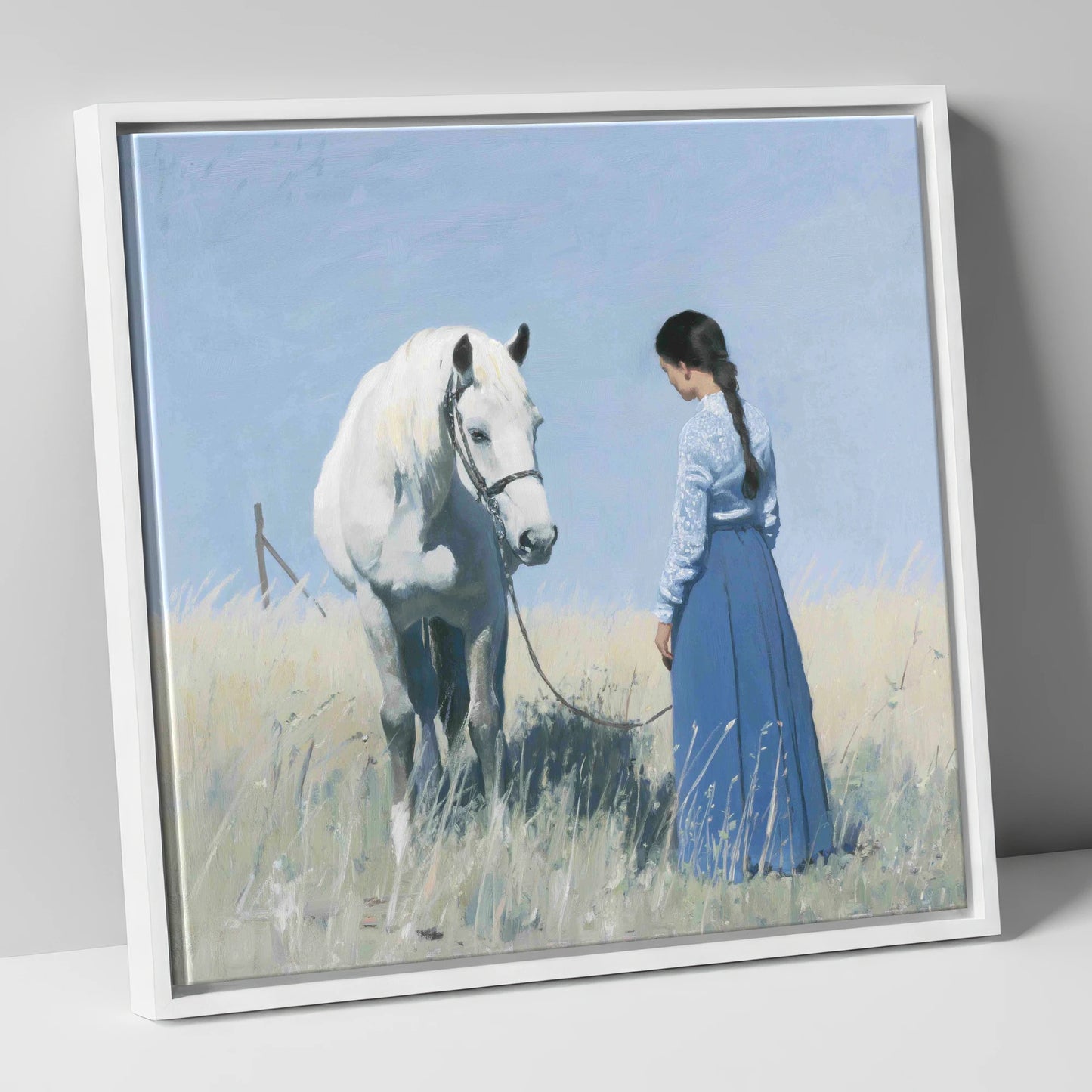 The Silent Conversation horse & rider canvas wall art in white frame