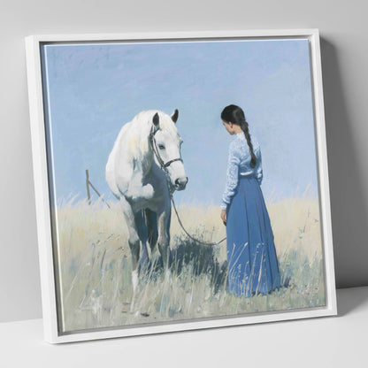 The Silent Conversation horse & rider canvas wall art in white frame