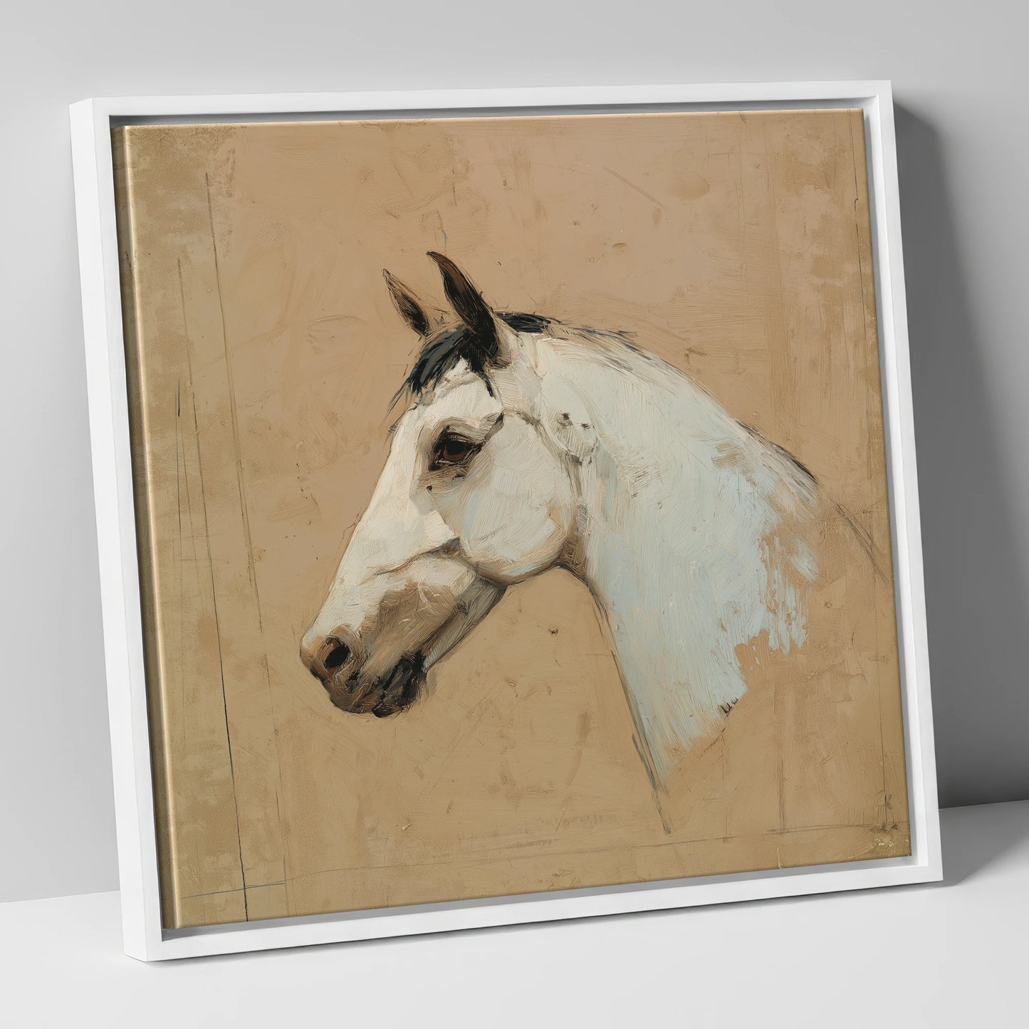 Elegance in Grey horse portrait canvas wall art in white frame