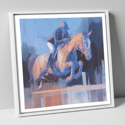 Cobalt Ascent show jumping horse canvas wall art in white frame