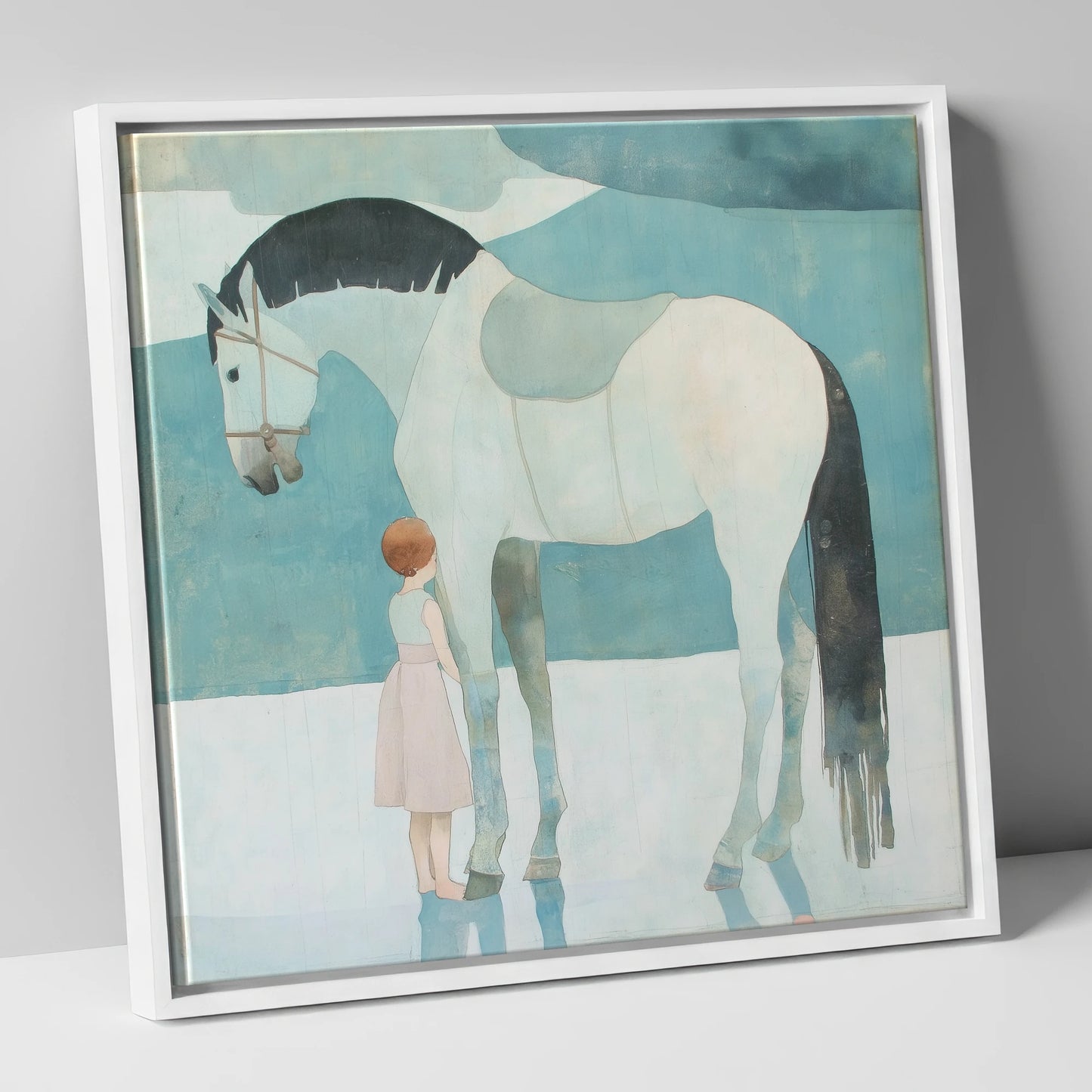 Quiet Trust horse & rider canvas wall art in white frame