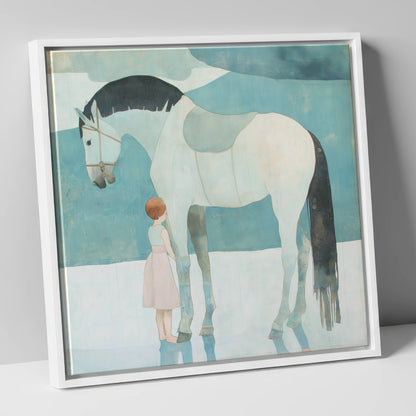 Quiet Trust horse & rider canvas wall art in white frame
