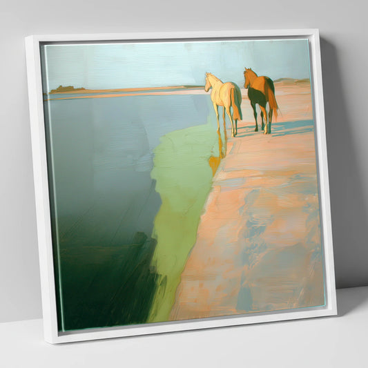 Shoreline Companions horse landscape canvas wall art in white frame