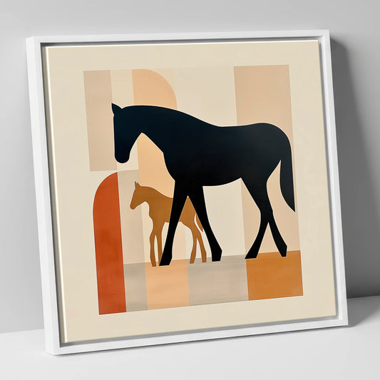 Mid-Century Maternal Bond mare & foal canvas wall art in white frame