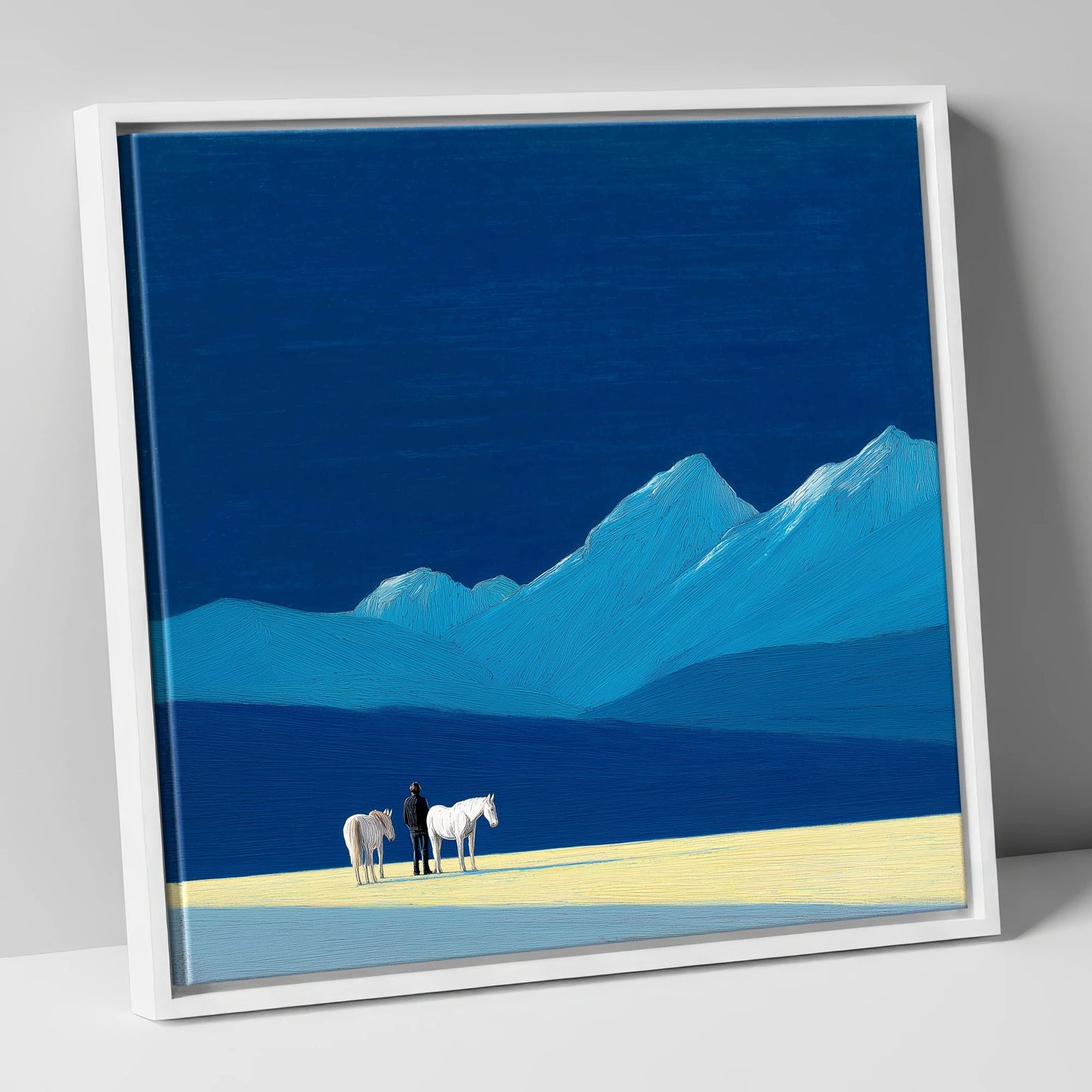 Azure Mountain Solitude horse landscape canvas wall art in white frame