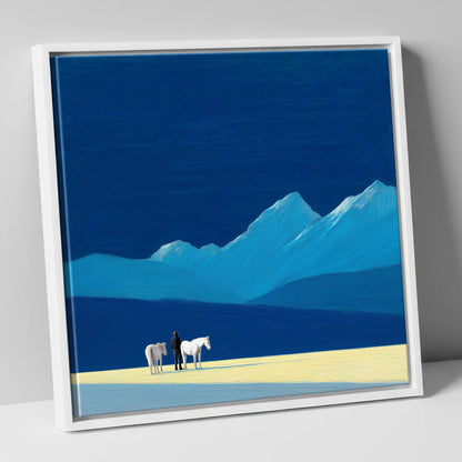 Azure Mountain Solitude horse landscape canvas wall art in white frame