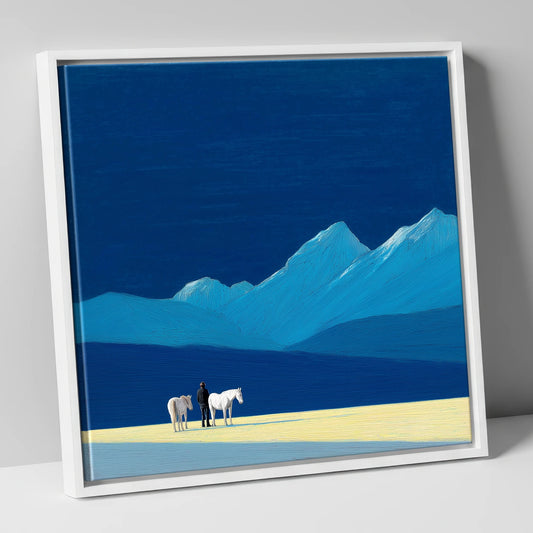 White Horses Against Azure Mountains horse landscape canvas wall art in white frame