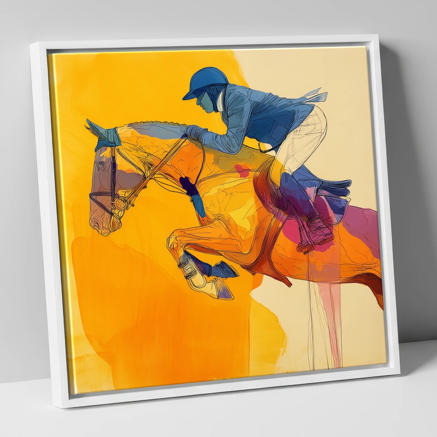 Vivid Golden Ascent show jumping horse canvas wall art in white frame