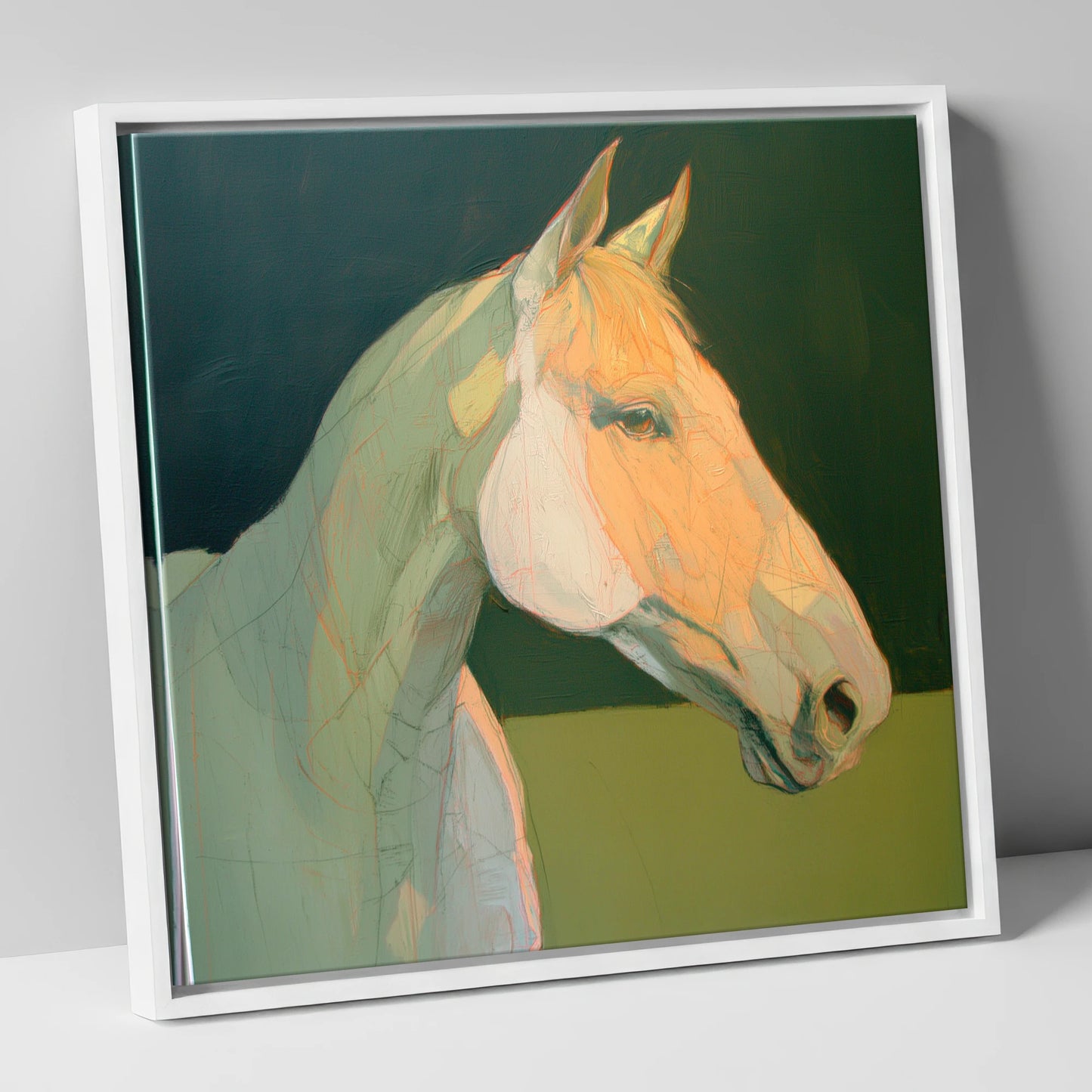 Serene Pastel Equine Profile horse portrait canvas wall art in white frame
