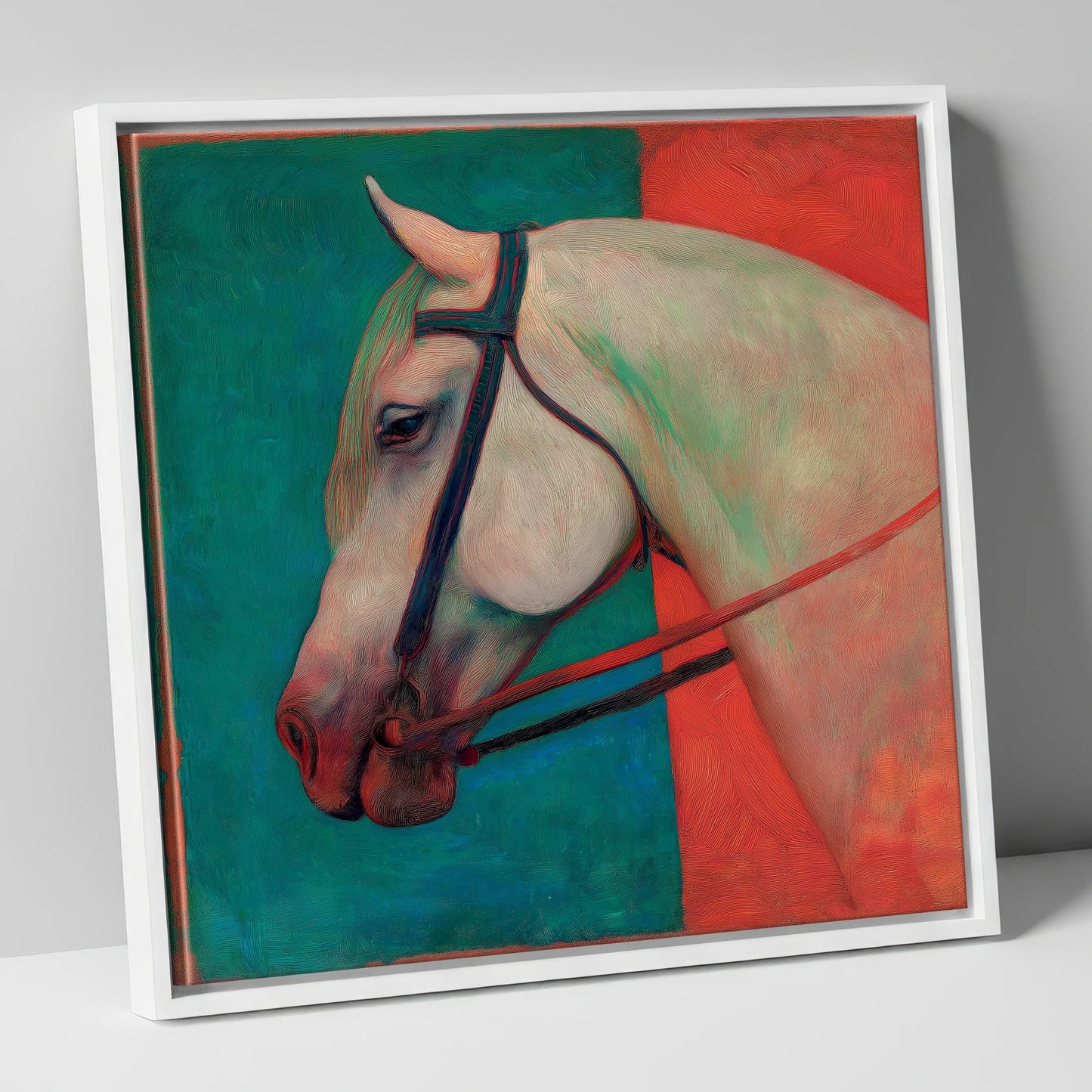 Crimson and Emerald Profile horse breed canvas wall art in white frame