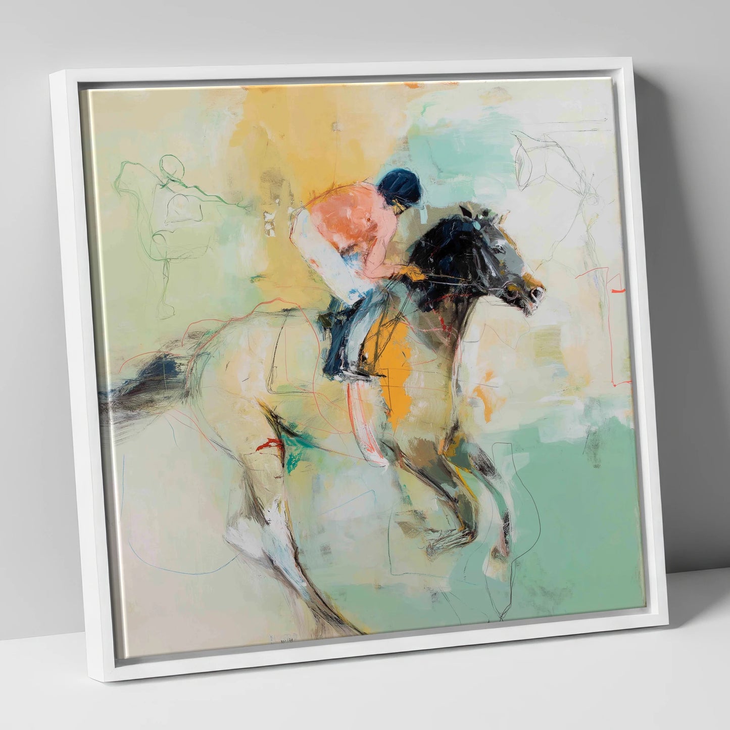 The Driving Finish racing horse canvas wall art in white frame