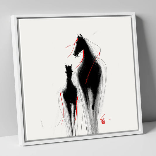 Crimson Threads mare & foal canvas wall art in white frame