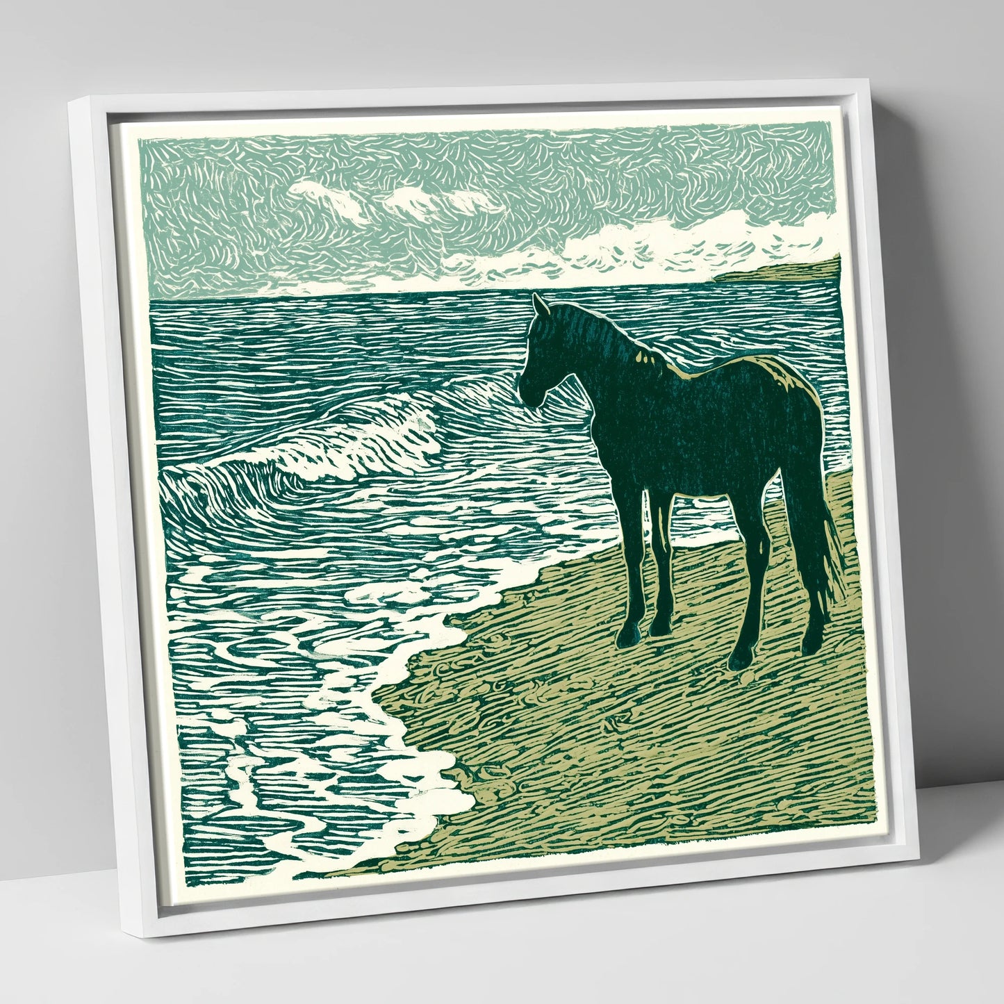 Shoreline Watch horse landscape canvas wall art in white frame