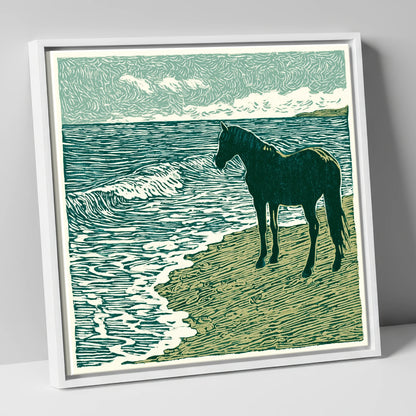 Shoreline Watch horse landscape canvas wall art in white frame