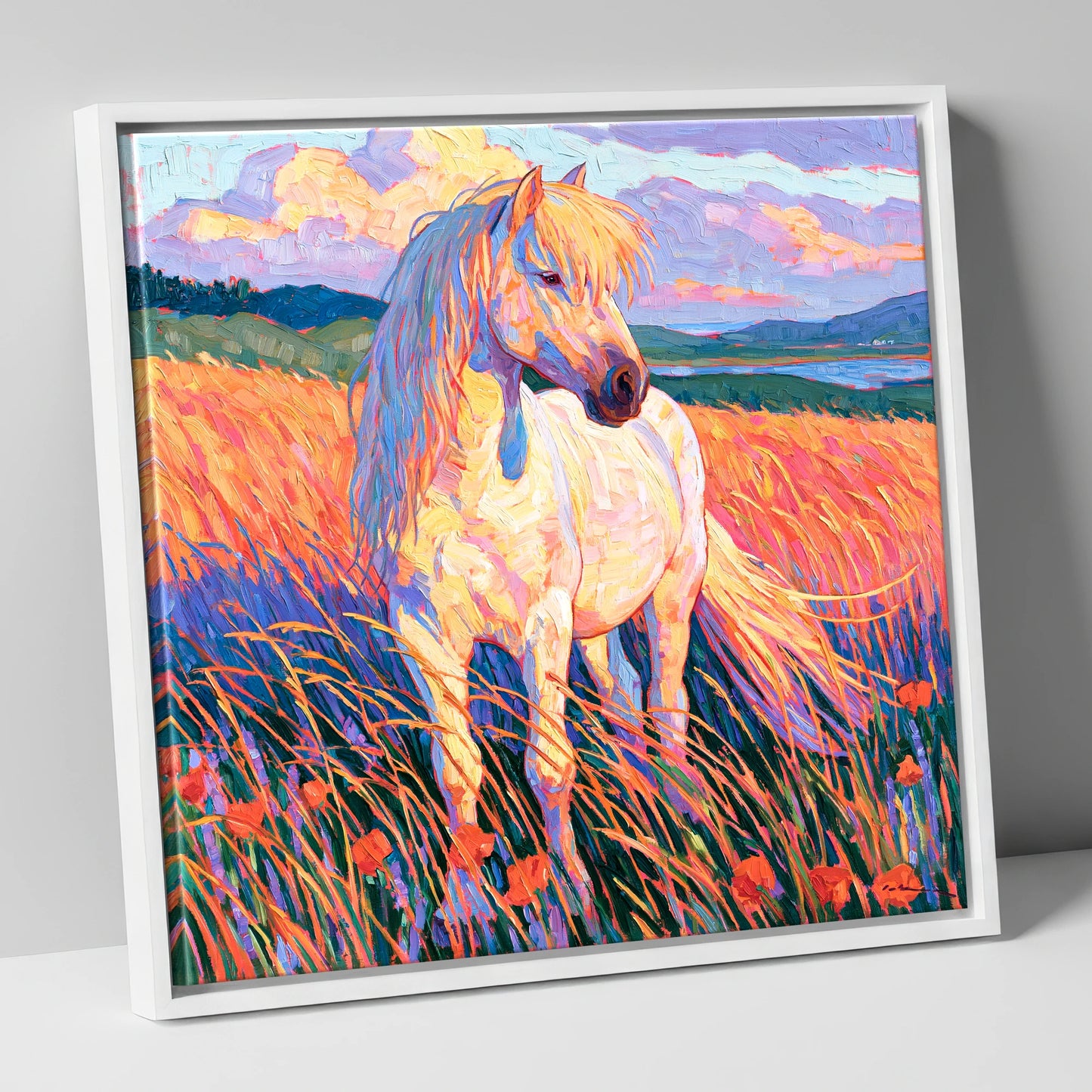 Palomino Pony In Vibrant Meadow horse breed canvas wall art in white frame