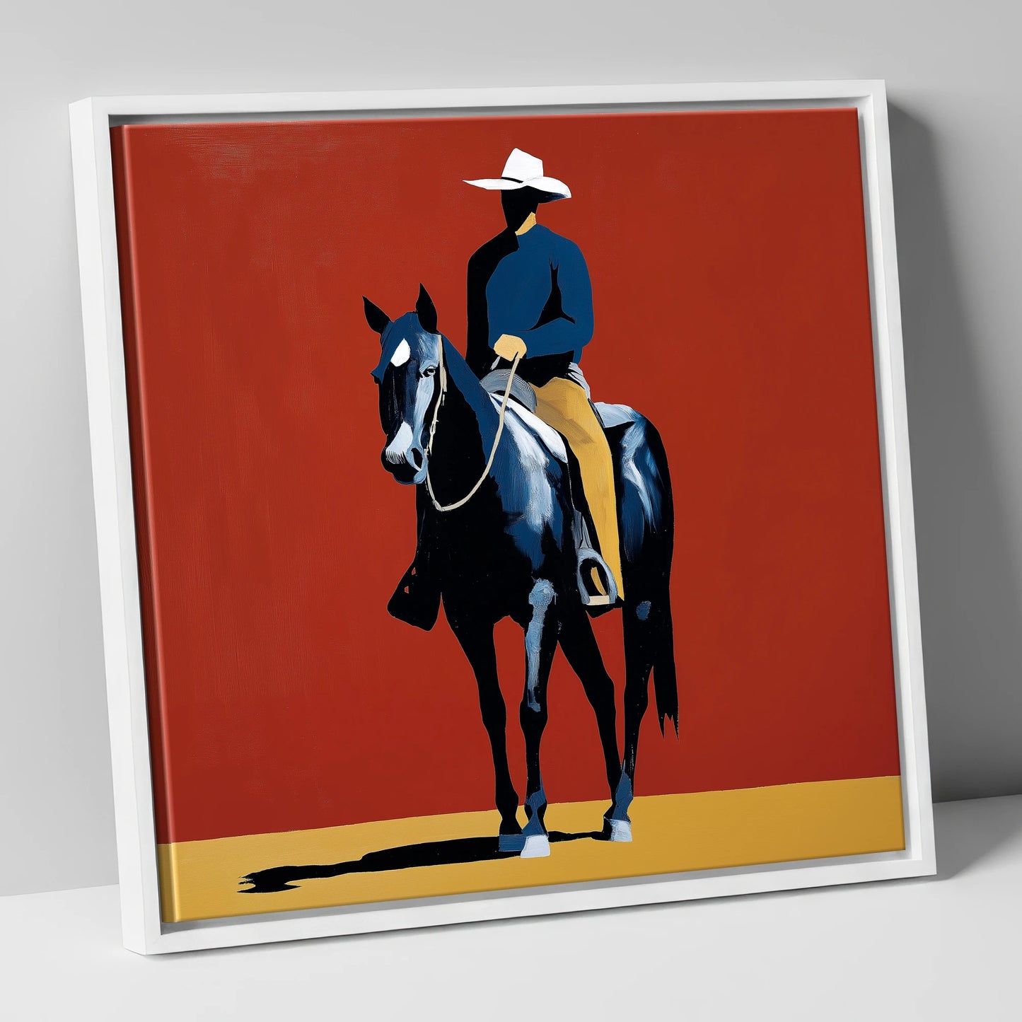 The Crimson Frontier Rider western horse canvas wall art in white frame
