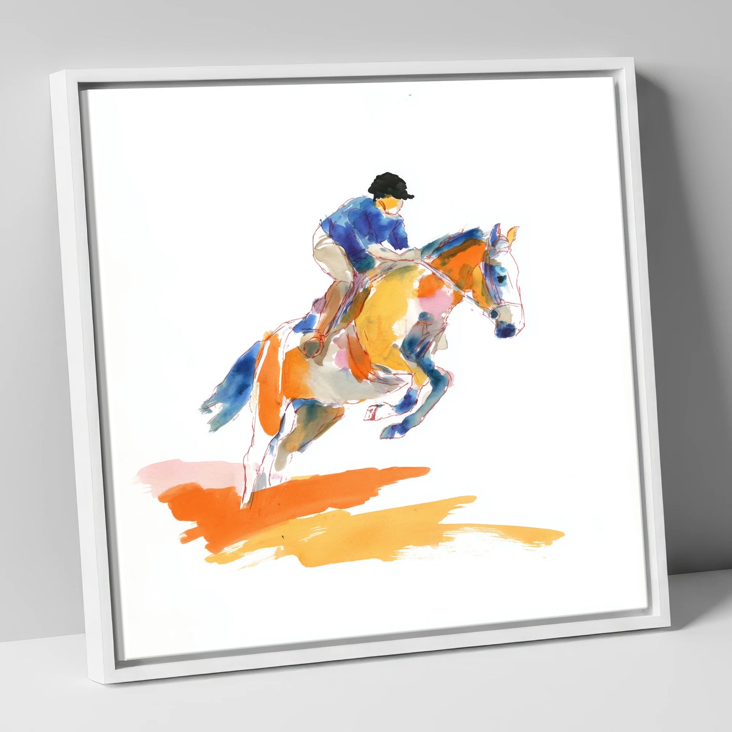 Vibrant Flight show jumping horse canvas wall art in white frame