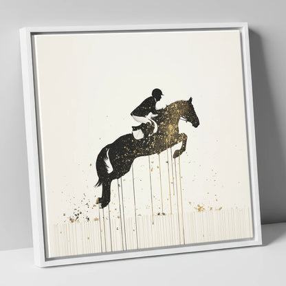 Suspended in Gold show jumping horse canvas wall art in white frame