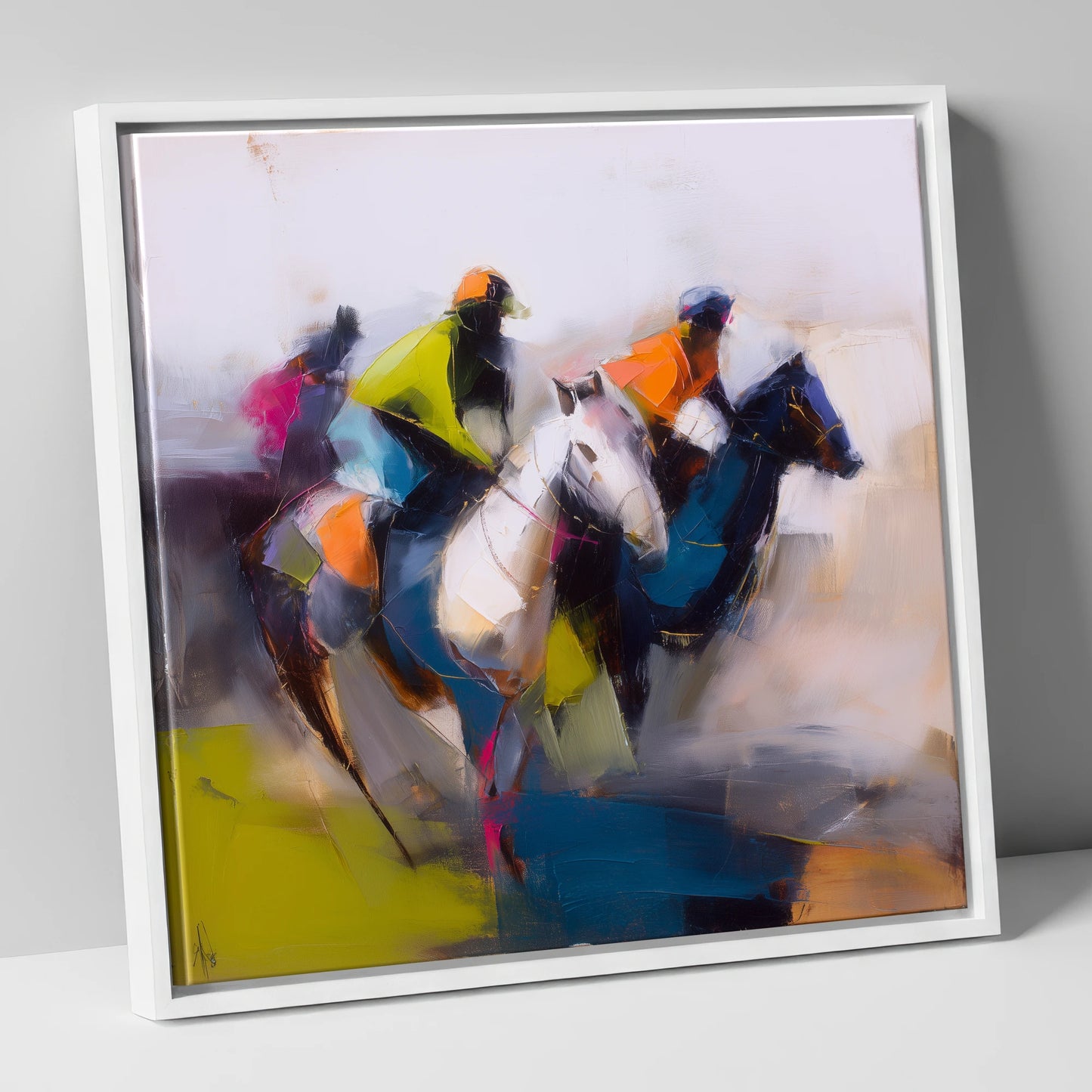 The Vibrant Chase racing horse canvas wall art in white frame