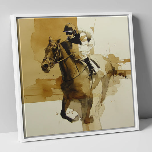 Sepia Sprint racing horse canvas wall art in white frame