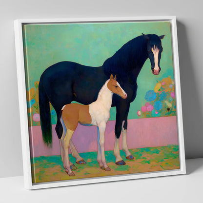 Midnight Dream Mare and Foal mare & foal canvas wall art in white frame