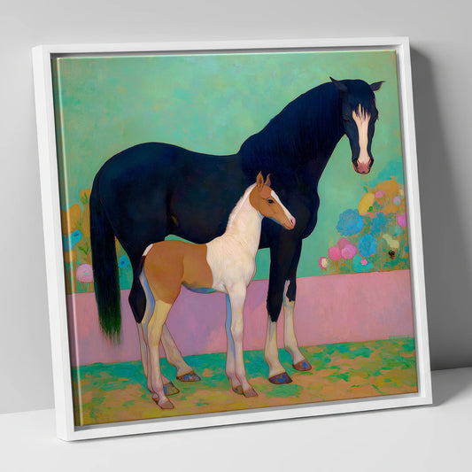 Midnight Dream Mare and Foal mare & foal canvas wall art in white frame