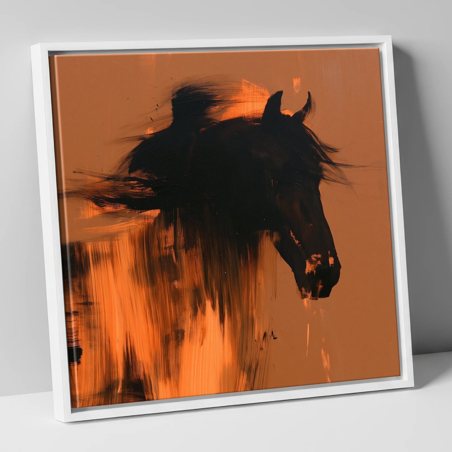 Black Horse Silhouette on Amber horse breed canvas wall art in white frame