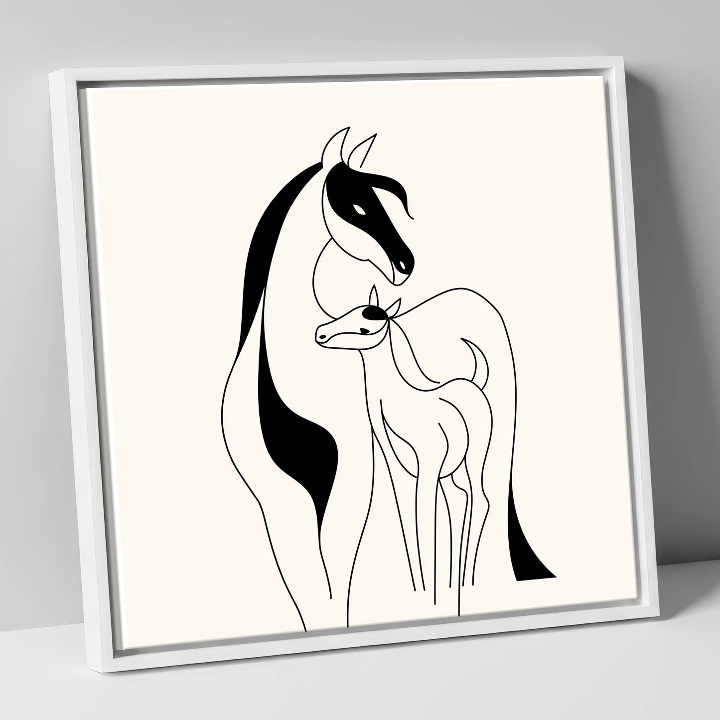 Tender Equine Silhouette mare & foal canvas wall art in white frame