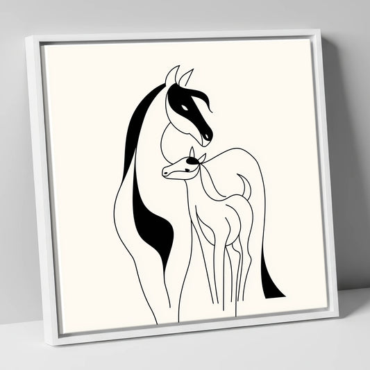 Tender Equine Silhouette mare & foal canvas wall art in white frame