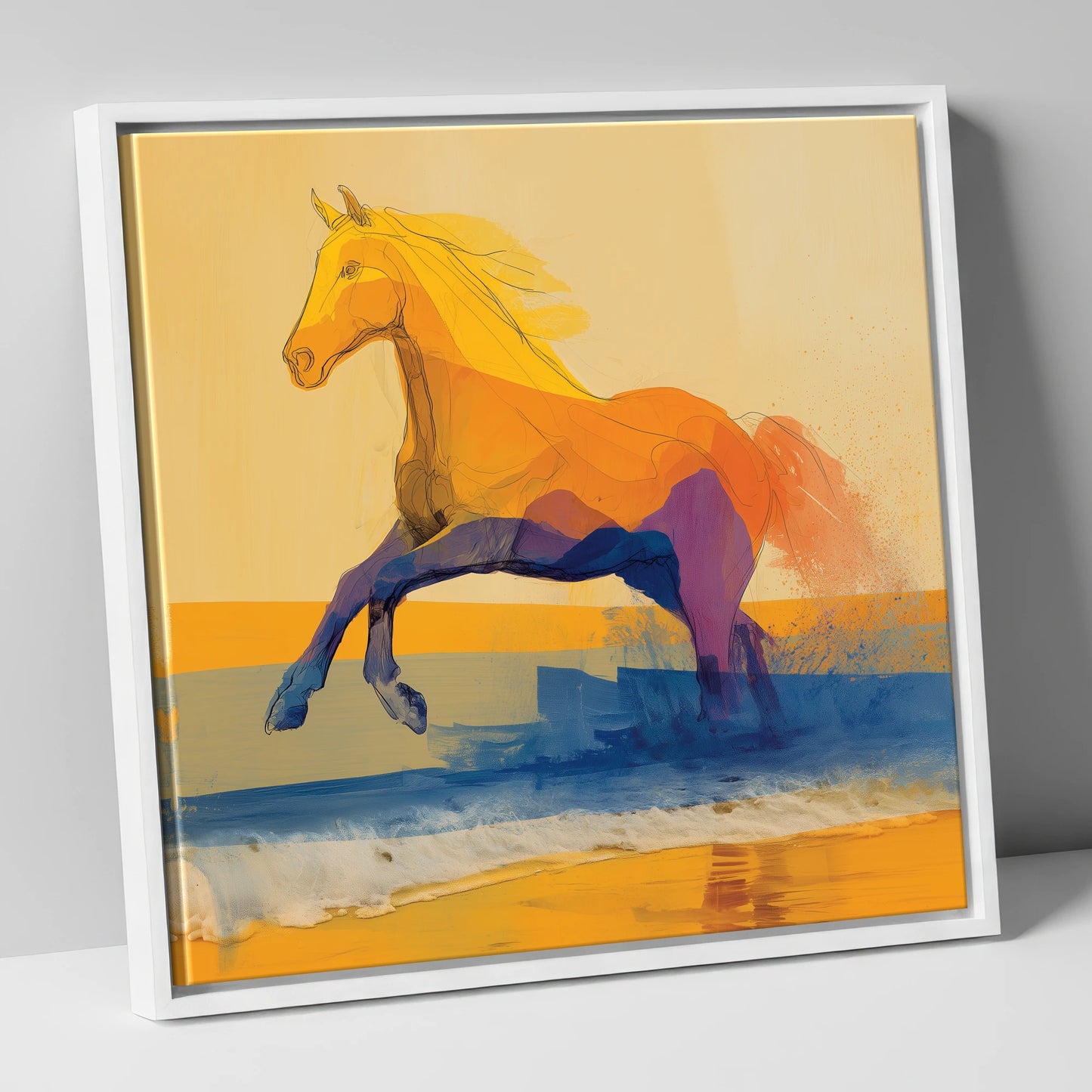 Vivid Coastal Bound beach horse canvas wall art in white frame