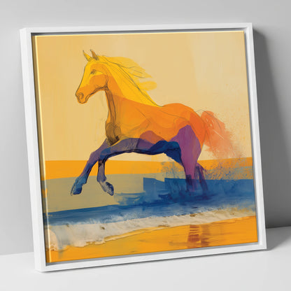 Vivid Coastal Bound beach horse canvas wall art in white frame