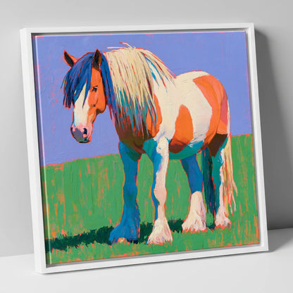 Vibrant Skewbald Gypsy Cob horse breed canvas wall art in white frame
