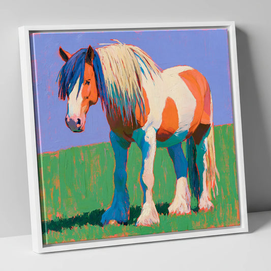 Vibrant Skewbald Gypsy Cob horse breed canvas wall art in white frame
