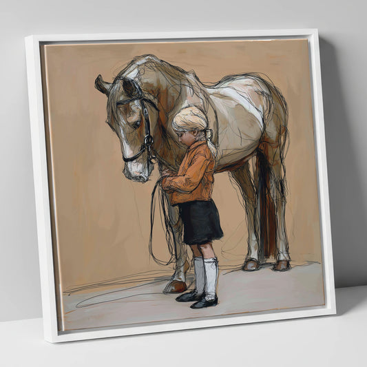 Gentle Companionship horse & rider canvas wall art in white frame