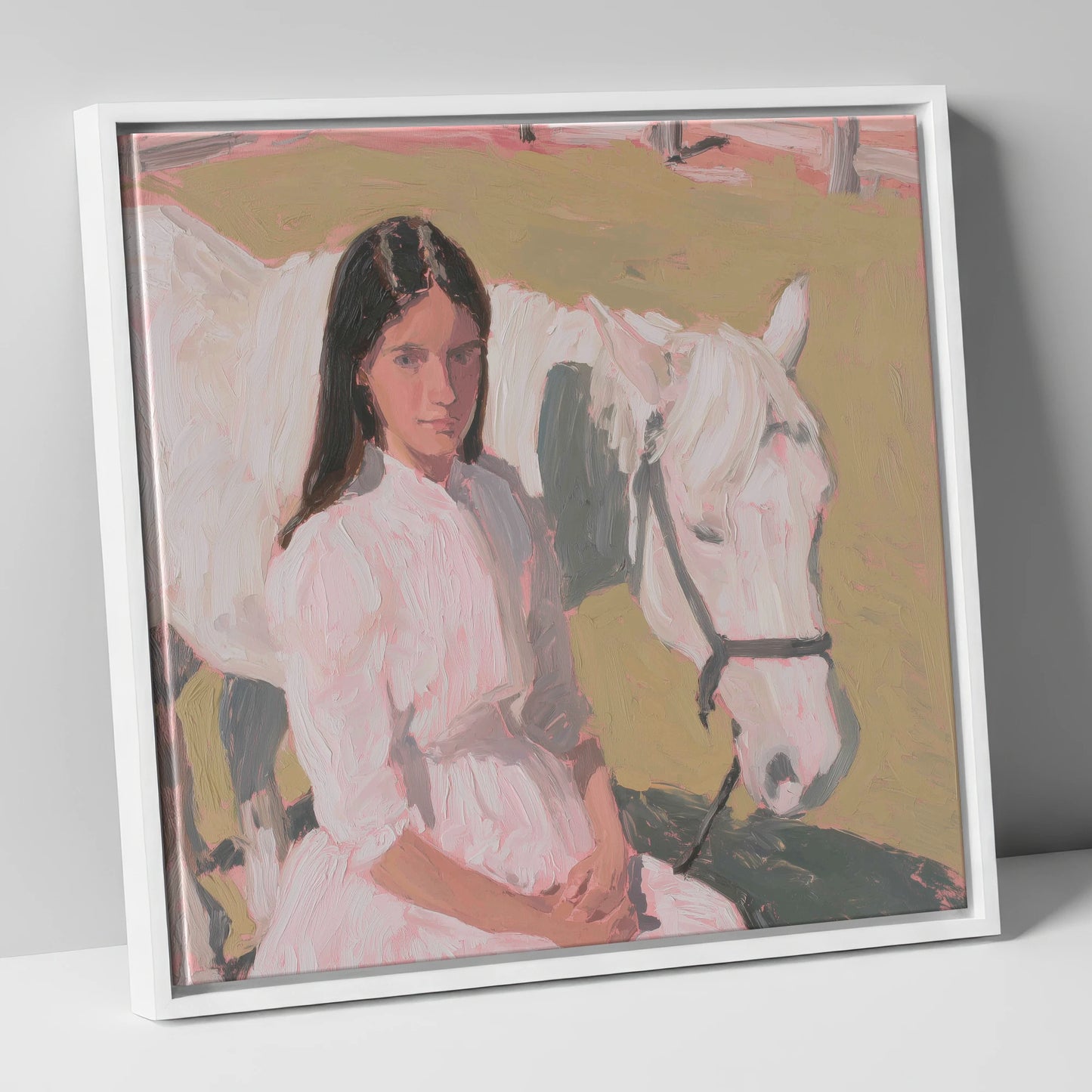 Pastel Companionship horse & rider canvas wall art in white frame