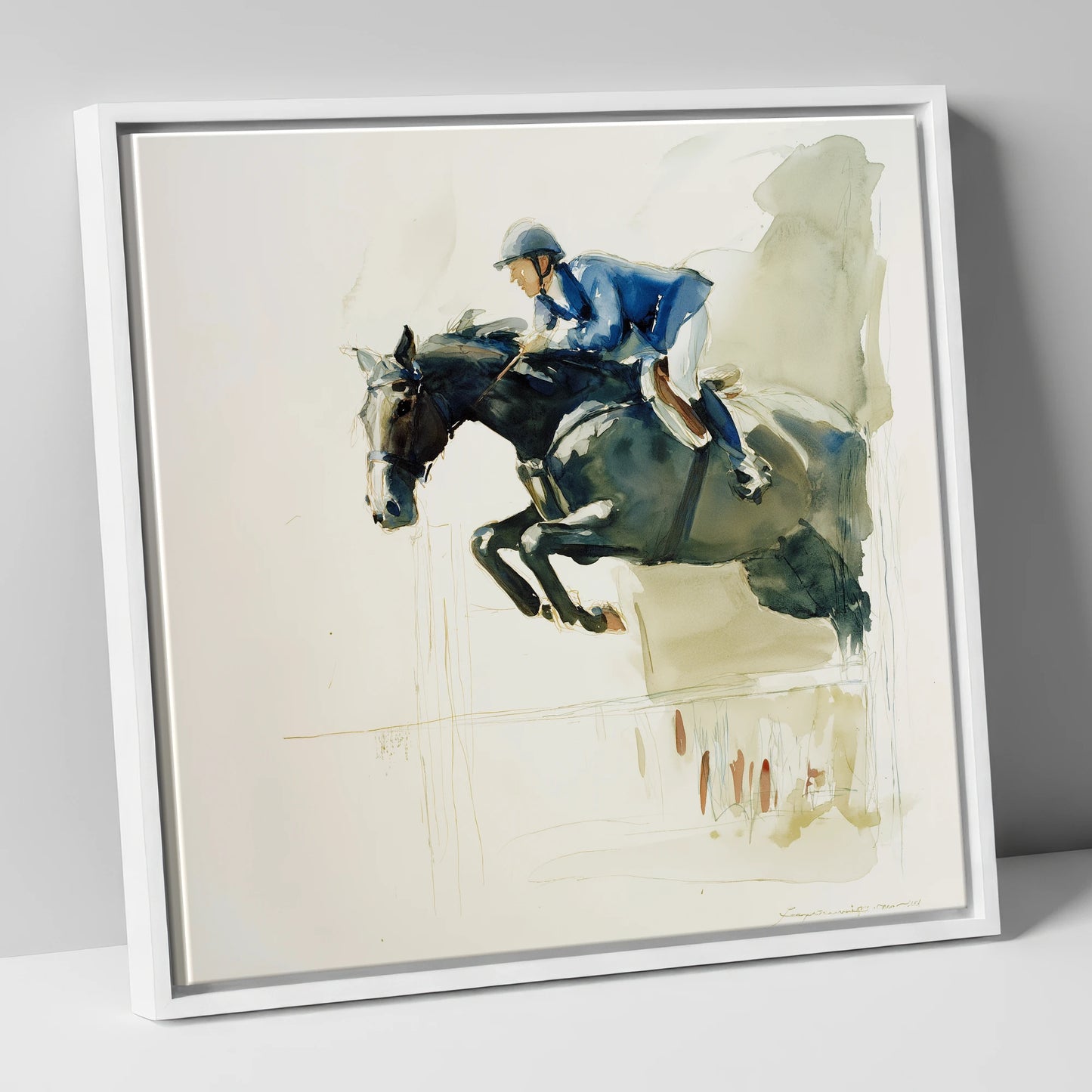 Suspended Grace show jumping horse canvas wall art in white frame