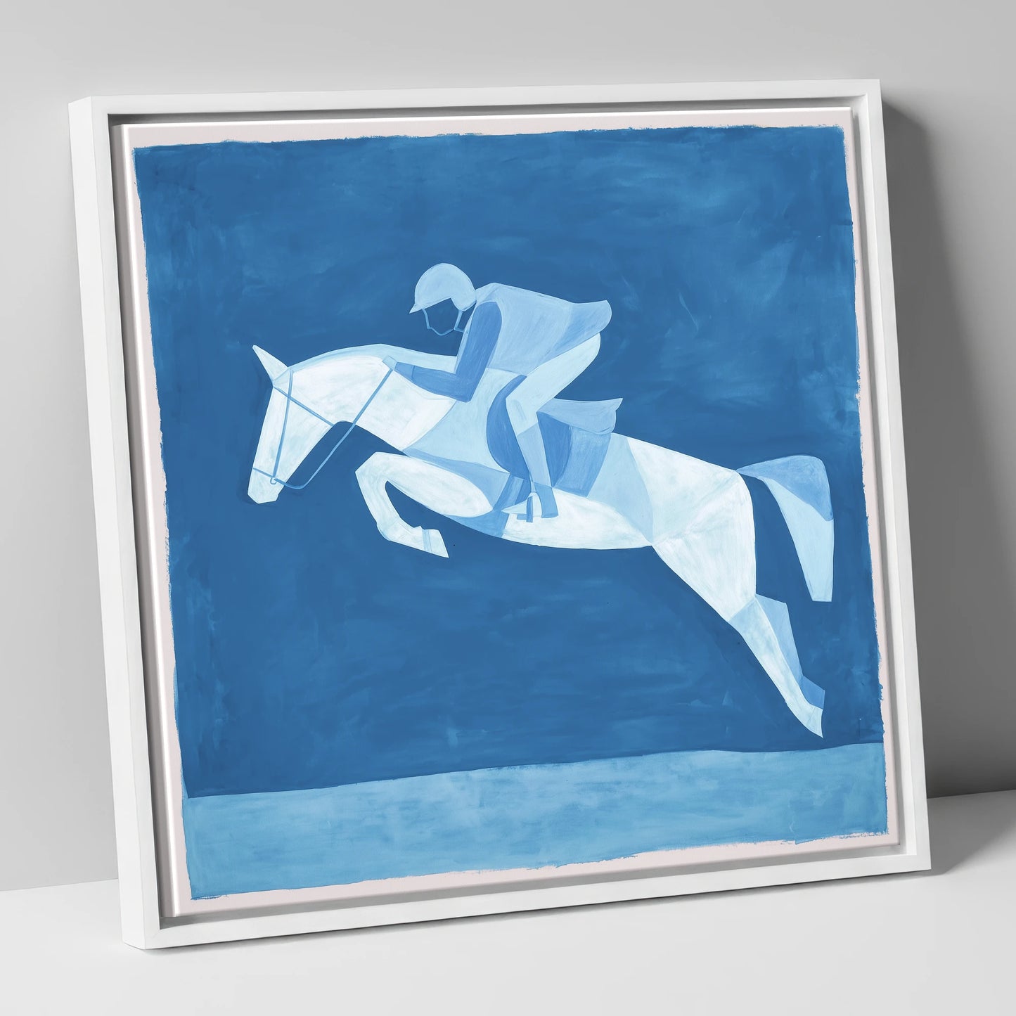 Sapphire Leap show jumping horse canvas wall art in white frame