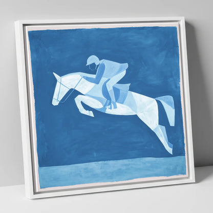 Sapphire Leap show jumping horse canvas wall art in white frame