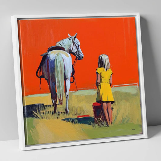 The Yellow Dress horse & rider canvas wall art in white frame