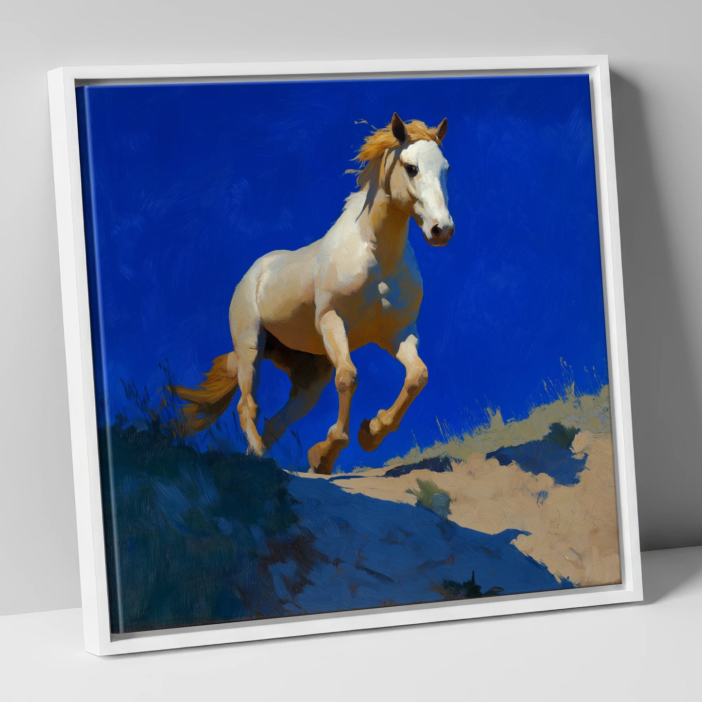 Sunlit Ascent wild horses canvas wall art in white frame