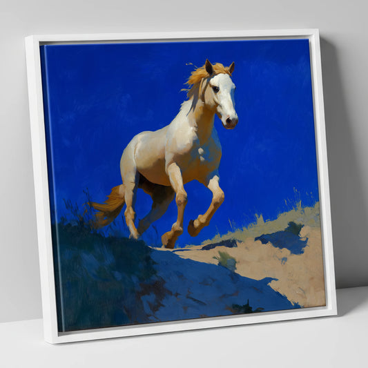 Sunlit Ascent wild horses canvas wall art in white frame